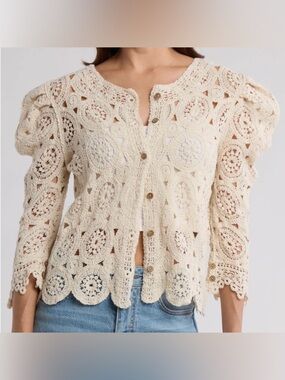 Liv Los Angeles Cream Crochet Cardigan Sweater Womens M Puff Sleeves Boho Beach